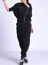 Loose Solid Color Irregular Zipper Half Sleeves Outwear&Elasticity Harem Pants 2 Pieces Set